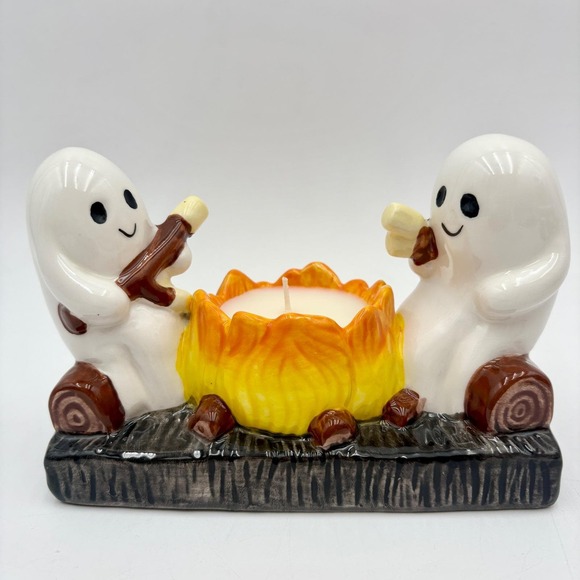 Ghost Campfire Ceramic Candle Holder Toasted Marshmallow Halloween Decor Cute - Picture 1 of 8